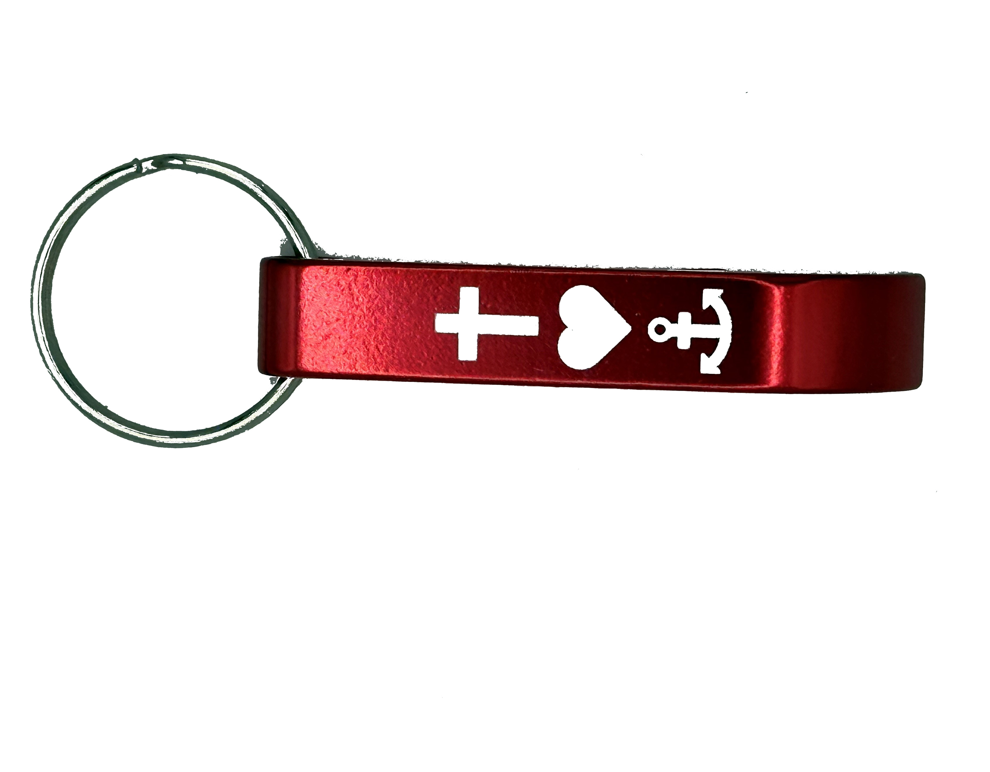 Schlüsselanhänger Flaschenöffner Glaube Liebe Hoffnung, Rot metallic