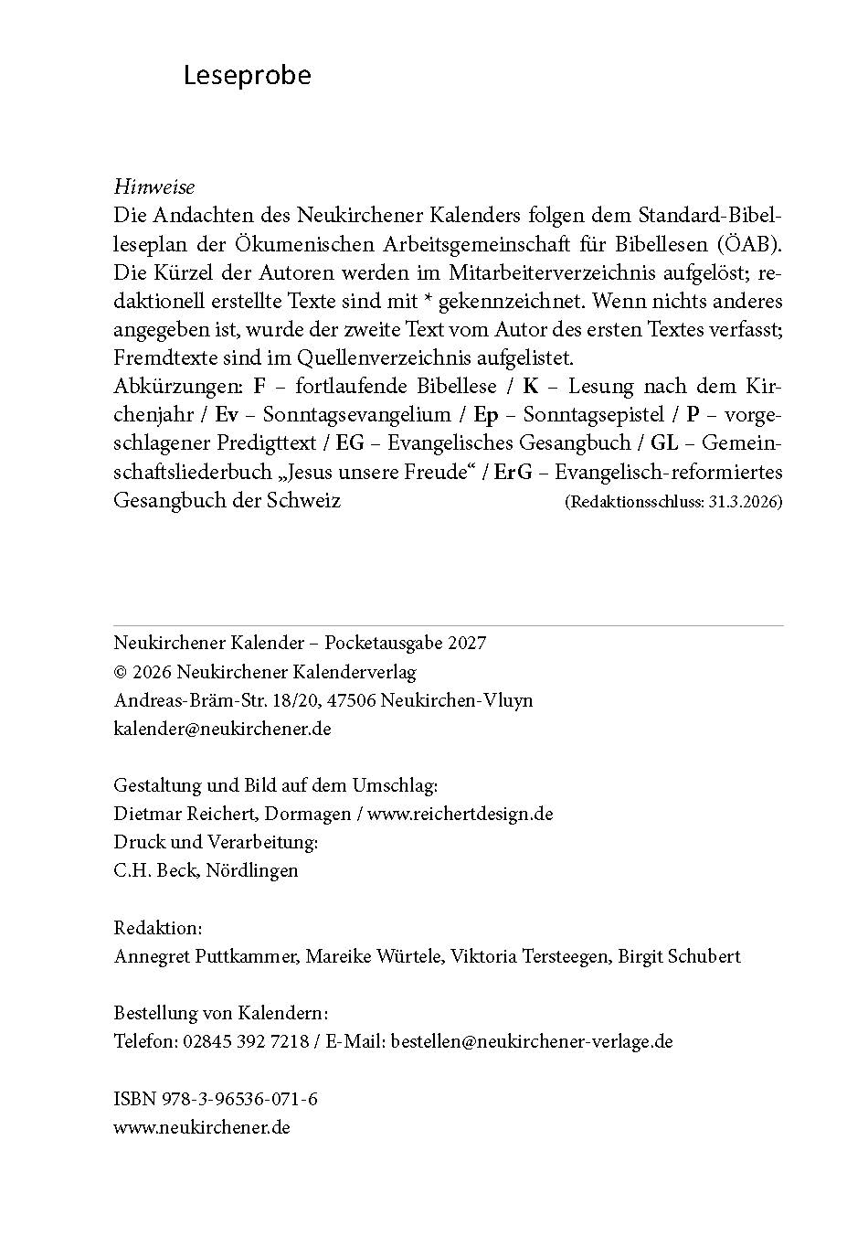 Neuk. Buchkalender 2027 Pocketformat